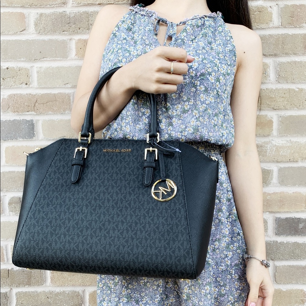 Gaby’sBags👜💕-Michael Kors Large Satchel Black MK - Picture 2 of 5